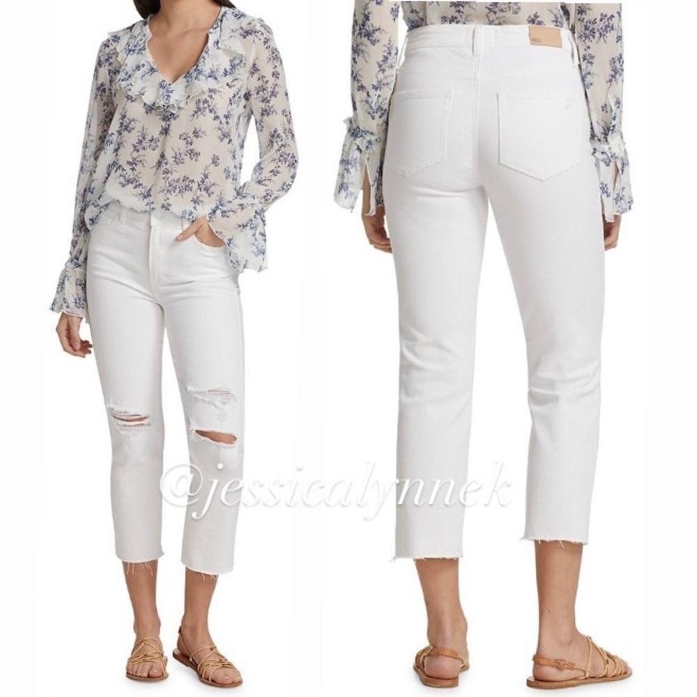 X REVOLVE High Waist Raw Hem Distressed Crop Slim Straight Leg Jeans White - 29